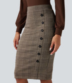 High Waisted Bodycon Houndstooth Plaid Knee Length Work Skirt — Brown Houndstooth Plaid — view 4