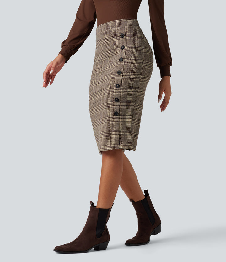 High Waisted Bodycon Houndstooth Plaid Knee Length Work Skirt — Brown Houndstooth Plaid — view 1