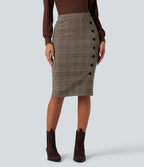 High Waisted Bodycon Houndstooth Plaid Knee Length Work Skirt — Brown Houndstooth Plaid — view 3