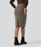 High Waisted Bodycon Houndstooth Plaid Knee Length Work Skirt — Brown Houndstooth Plaid — view 2