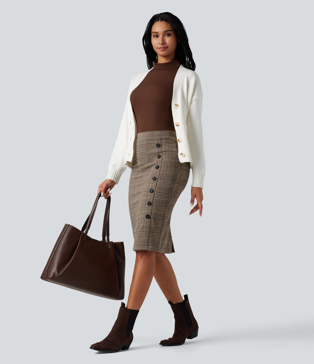 High Waisted Bodycon Houndstooth Plaid Knee Length Work Skirt — Brown Houndstooth Plaid — view 6