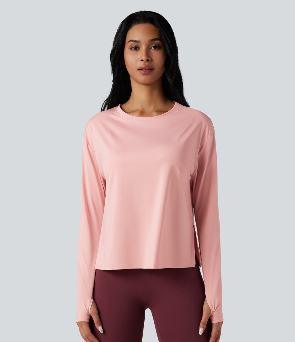 Round Neck Long Sleeve Thumb Hole Running Sports Top — Peach Whip — view 8