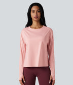 Round Neck Long Sleeve Thumb Hole Running Sports Top — Peach Whip — view 8