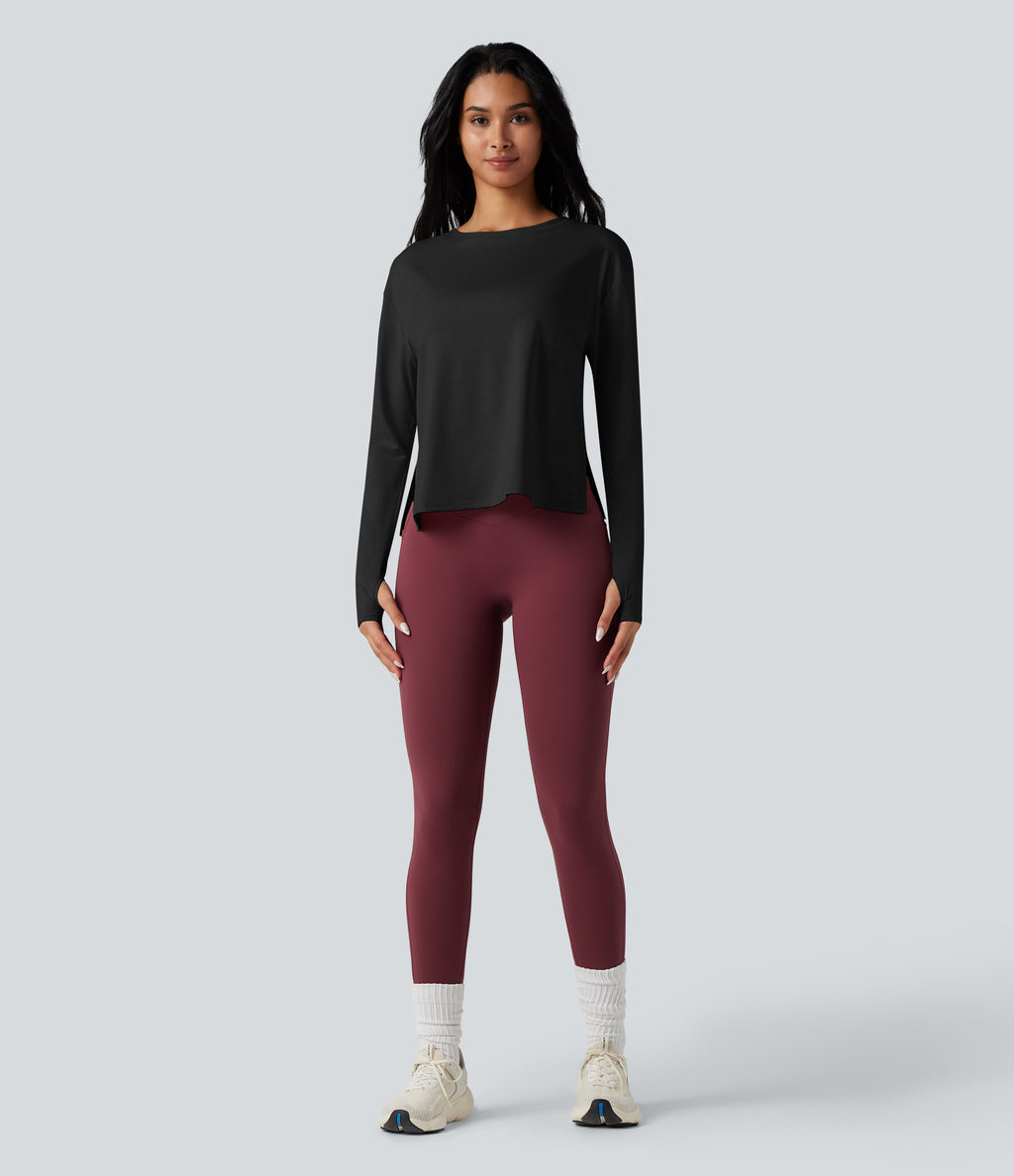 Round Neck Long Sleeve Thumb Hole Running Sports Top — Black — view 7