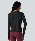 Round Neck Long Sleeve Thumb Hole Running Sports Top — Black — view 2