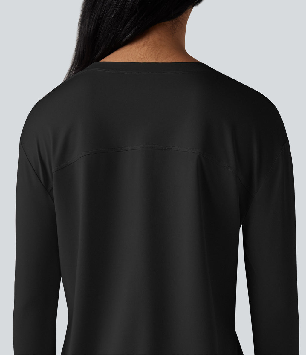 Round Neck Long Sleeve Thumb Hole Running Sports Top — Black — view 5