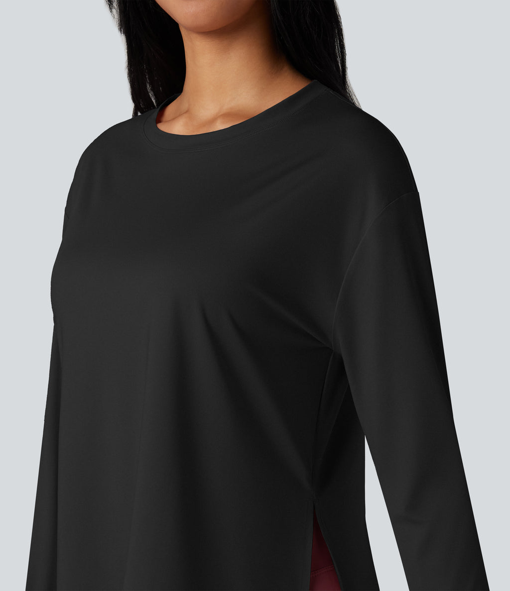 Round Neck Long Sleeve Thumb Hole Running Sports Top — Black — view 4