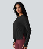 Round Neck Long Sleeve Thumb Hole Running Sports Top — Black — view 3