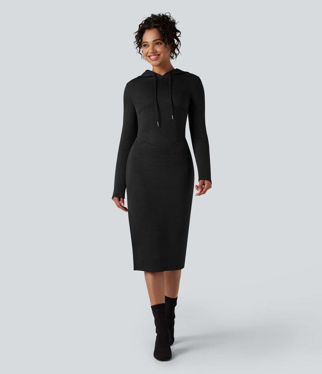 SpacerTek Long Sleeve Split Midi Casual Hoodie Dress — Black — view 3