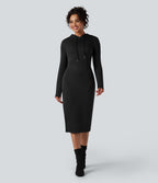 SpacerTek Long Sleeve Split Midi Casual Hoodie Dress — Black — view 3