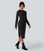 SpacerTek Long Sleeve Split Midi Casual Hoodie Dress — Black — view 1