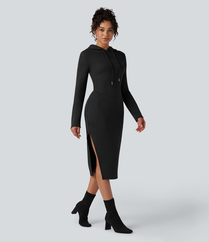 SpacerTek Long Sleeve Split Midi Casual Hoodie Dress — Black — view 1