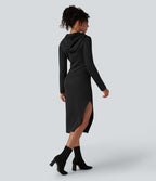 SpacerTek Long Sleeve Split Midi Casual Hoodie Dress — Black — view 2