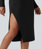 SpacerTek Long Sleeve Split Midi Casual Hoodie Dress — Black — view 6