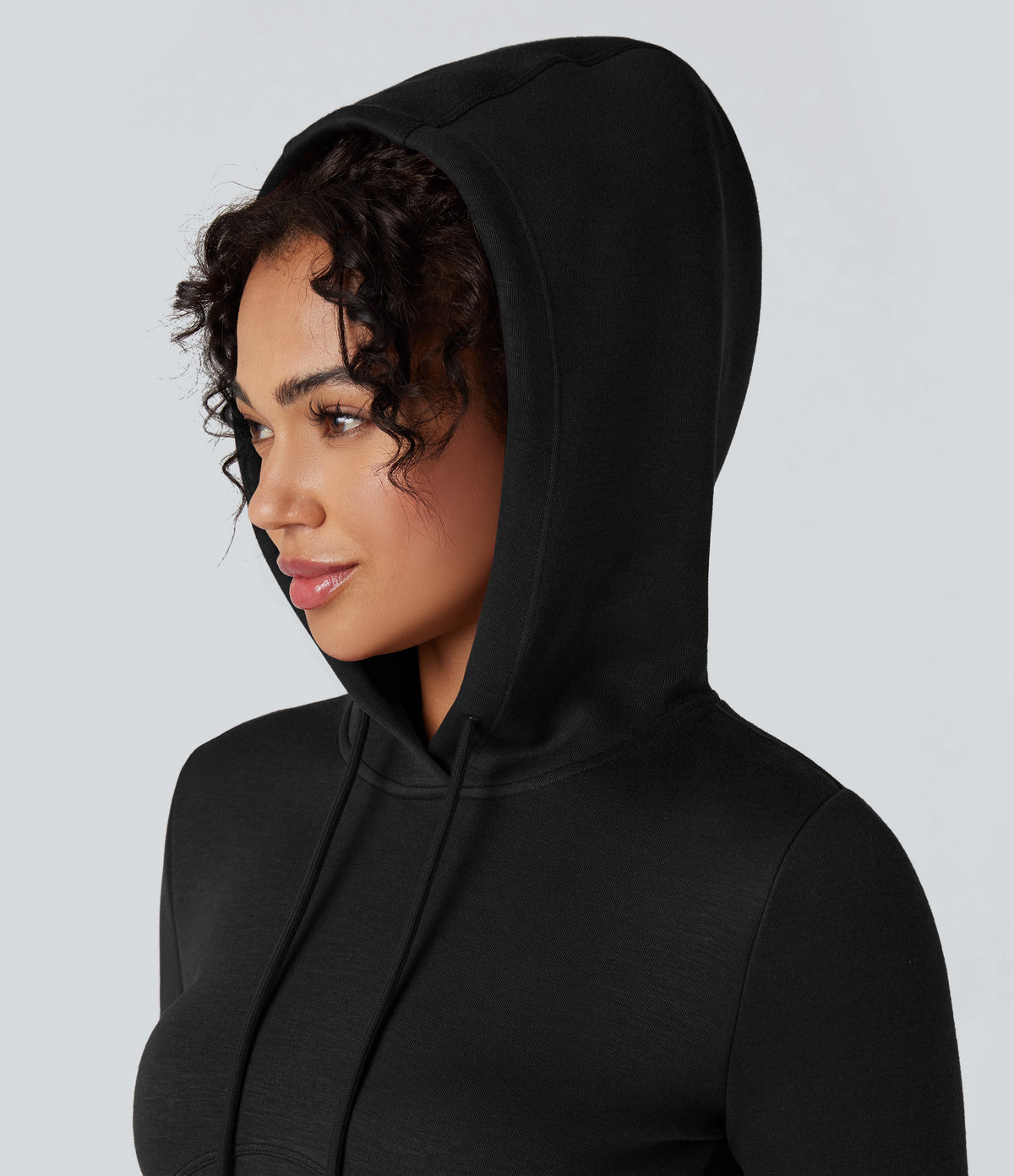 SpacerTek Long Sleeve Split Midi Casual Hoodie Dress — Black — view 4