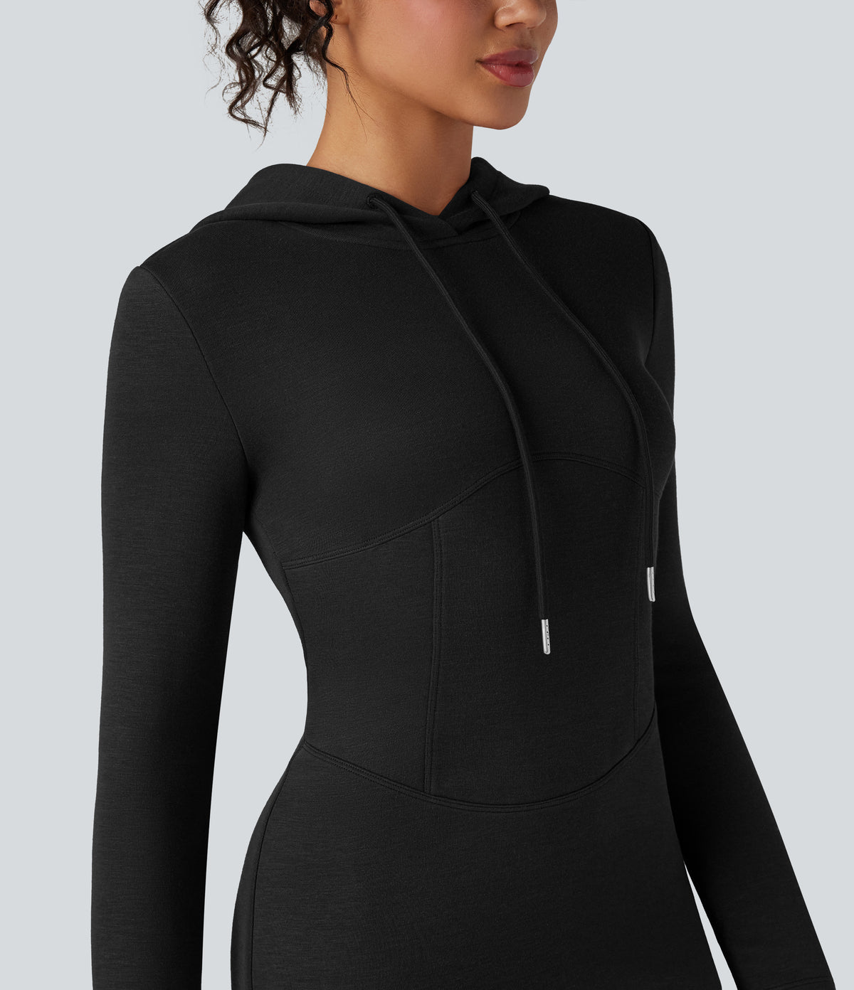 SpacerTek Long Sleeve Split Midi Casual Hoodie Dress — Black — view 5