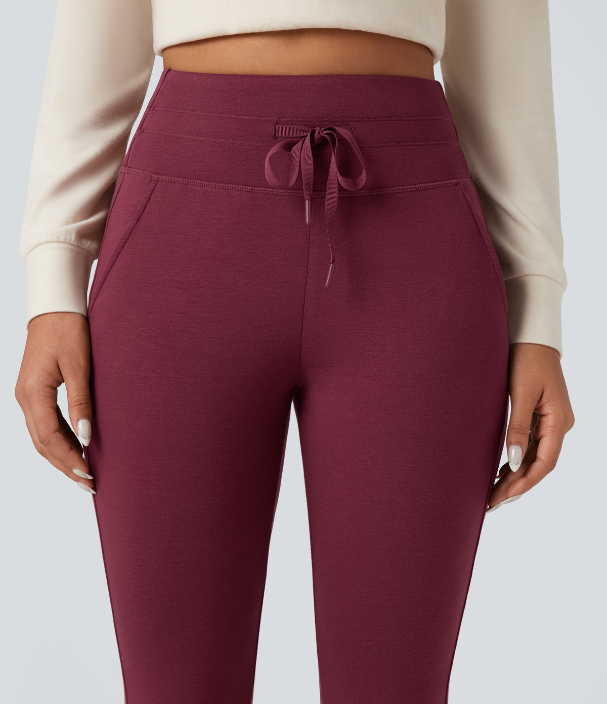 HeatCore High Waisted Drawstring Warming Casual Joggers with Pockets — Cordovan — view 6