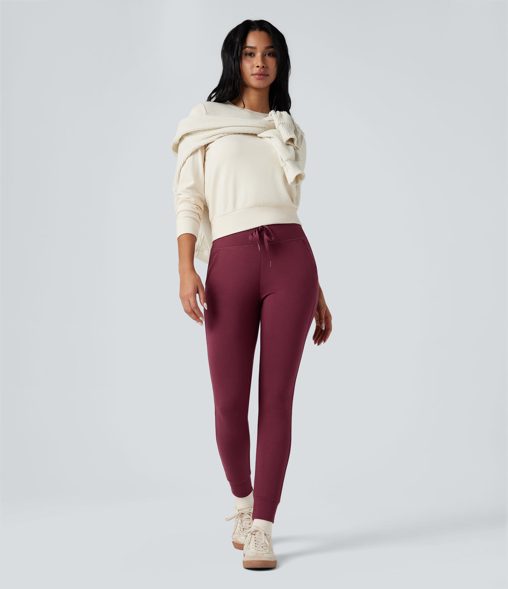 HeatCore High Waisted Drawstring Warming Casual Joggers with Pockets — Cordovan — view 8