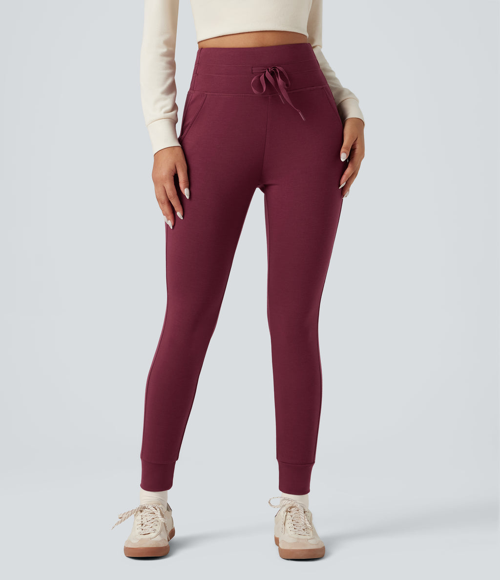 HeatCore High Waisted Drawstring Warming Casual Joggers with Pockets — Cordovan — view 5