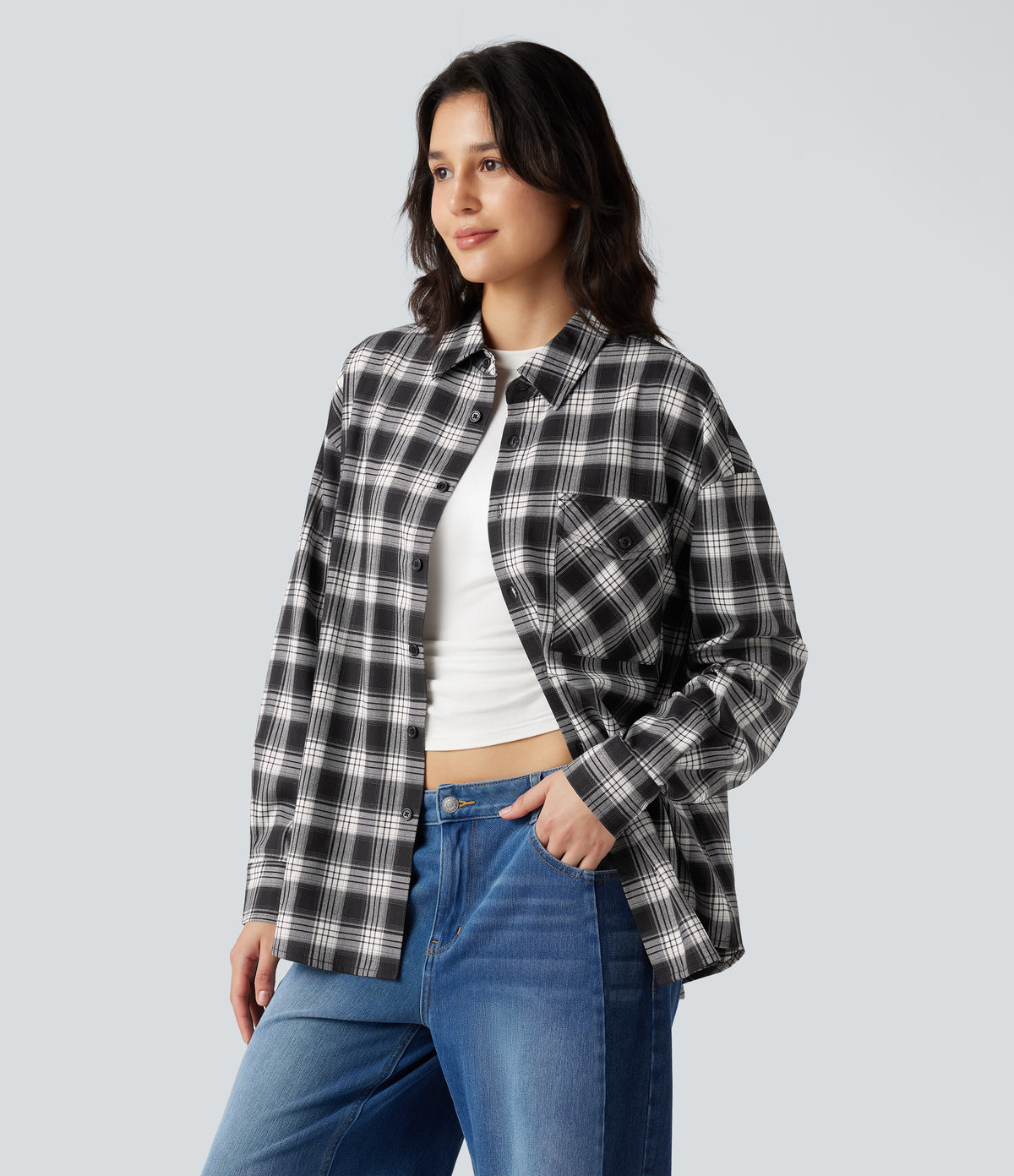 Plaid Casual Shirt with Pocket — Elegant Black Plaid — view 1