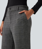 High Waisted Straight Leg Houndstooth Plaid Work Trousers with Pockets — Dark Gray Plaid — view 4