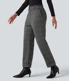 High Waisted Straight Leg Houndstooth Plaid Work Trousers with Pockets — Dark Gray Plaid — view 3