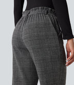 High Waisted Straight Leg Houndstooth Plaid Work Trousers with Pockets — Dark Gray Plaid — view 5