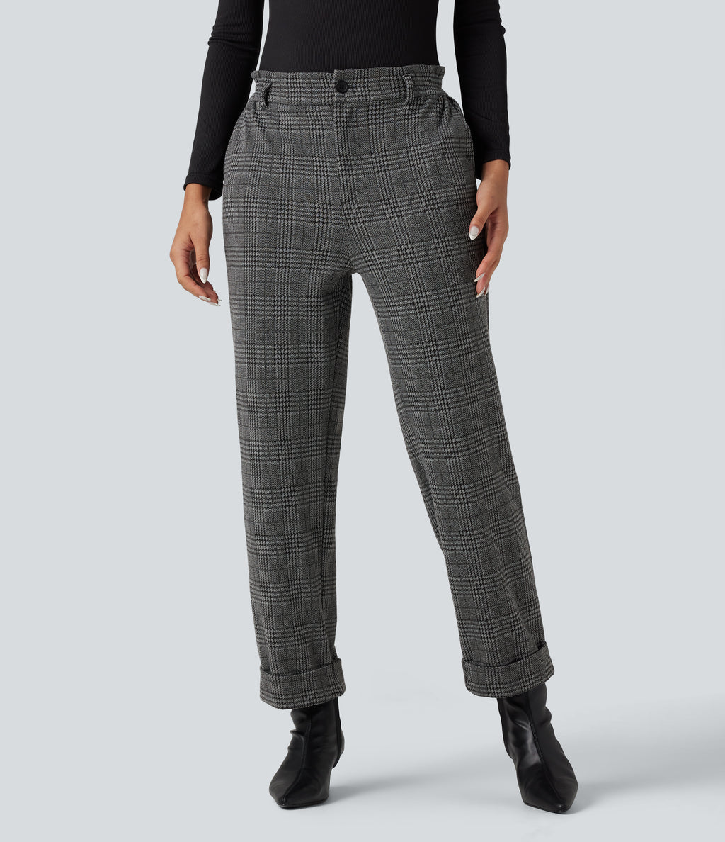 High Waisted Straight Leg Houndstooth Plaid Work Trousers with Pockets — Dark Gray Plaid — view 1