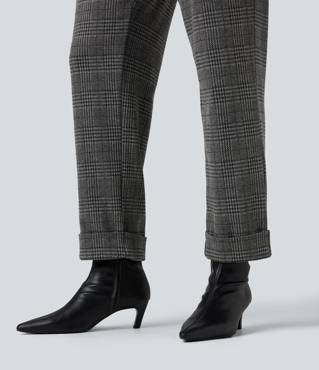 High Waisted Straight Leg Houndstooth Plaid Work Trousers with Pockets — Dark Gray Plaid — view 6