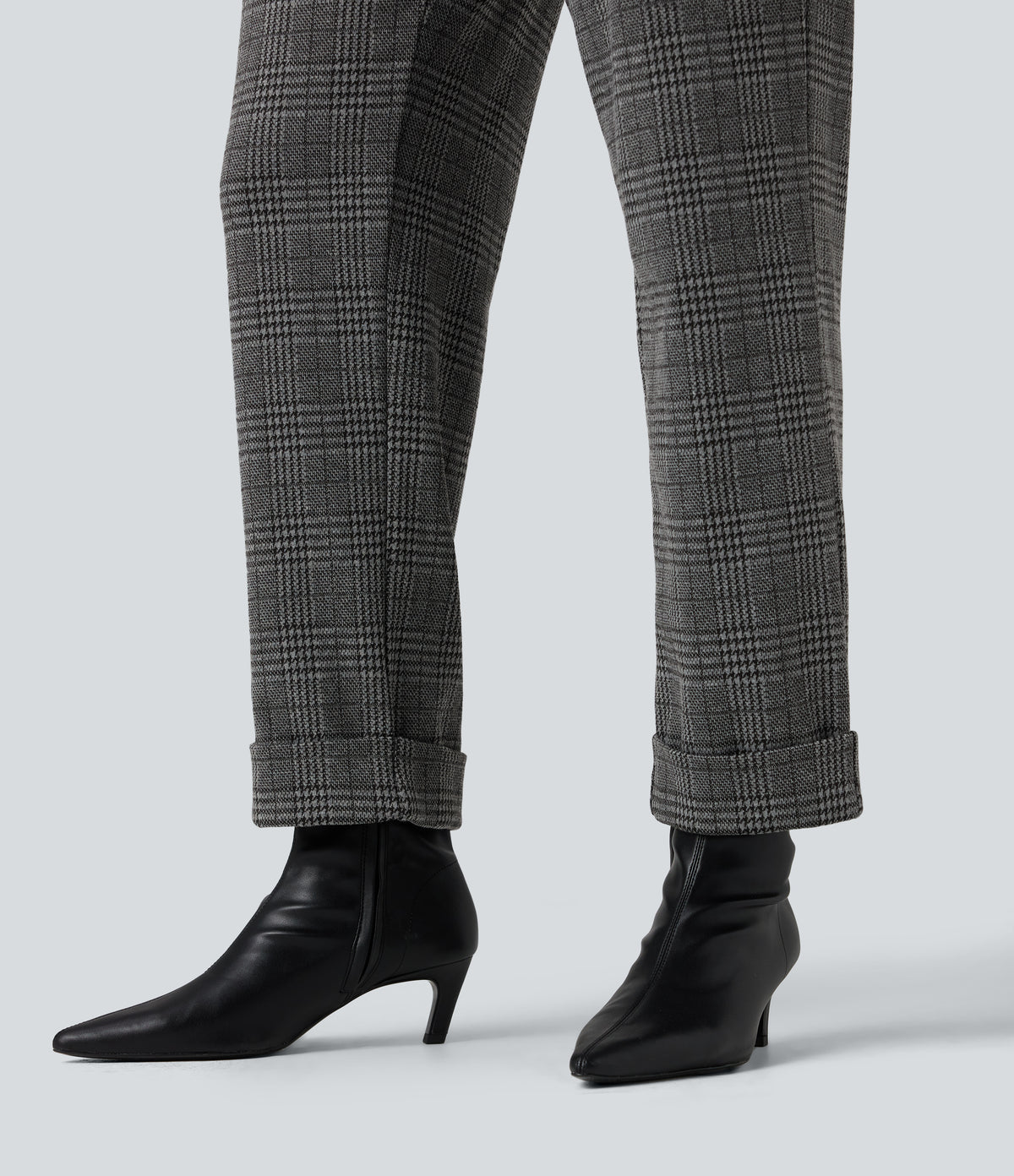 High Waisted Straight Leg Houndstooth Plaid Work Trousers with Pockets — Dark Gray Plaid — view 6