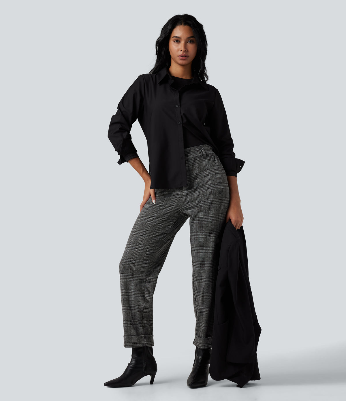 High Waisted Straight Leg Houndstooth Plaid Work Trousers with Pockets — Dark Gray Plaid — view 7