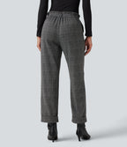High Waisted Straight Leg Houndstooth Plaid Work Trousers with Pockets — Dark Gray Plaid — view 2