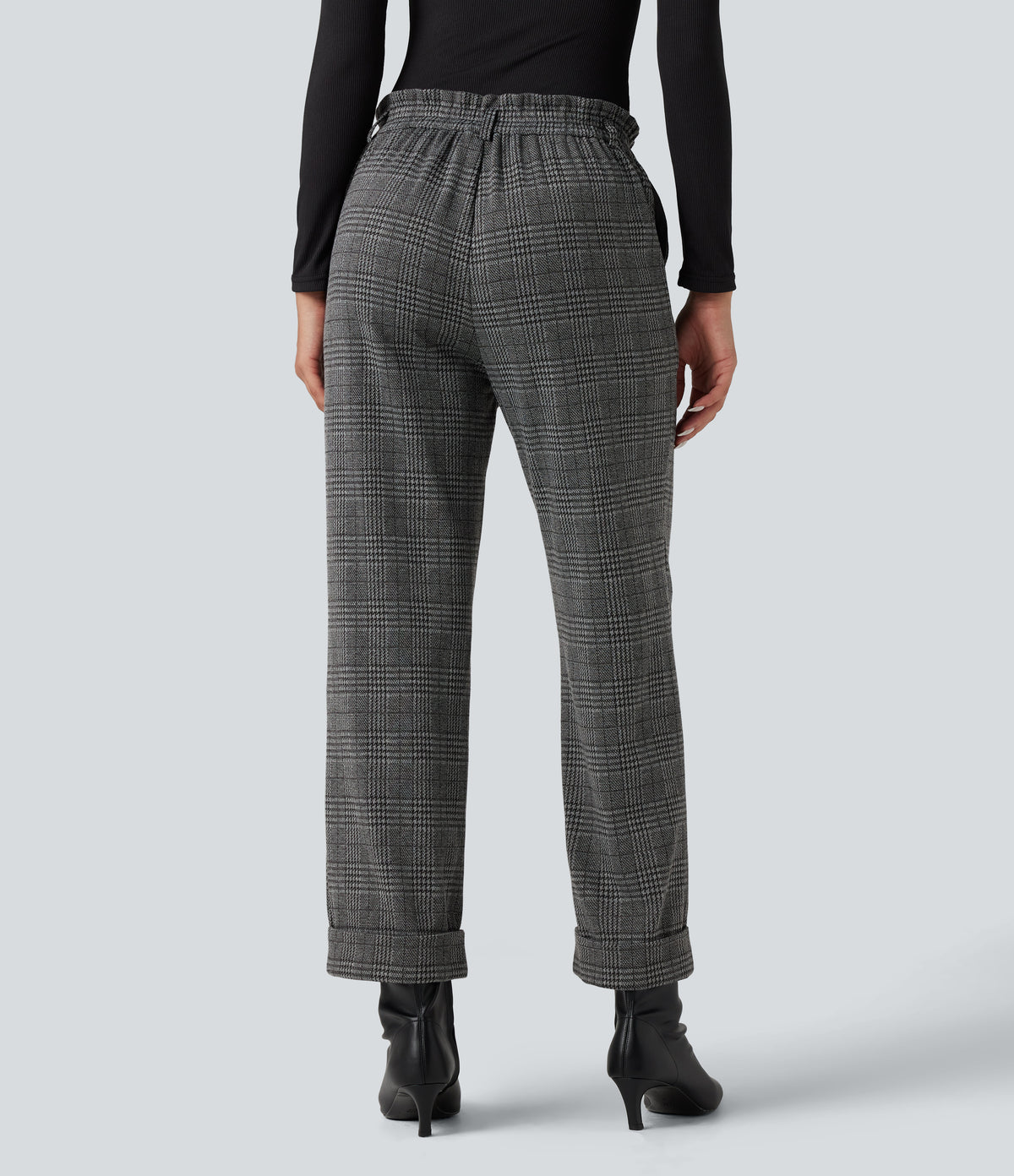 High Waisted Straight Leg Houndstooth Plaid Work Trousers with Pockets — Dark Gray Plaid — view 2