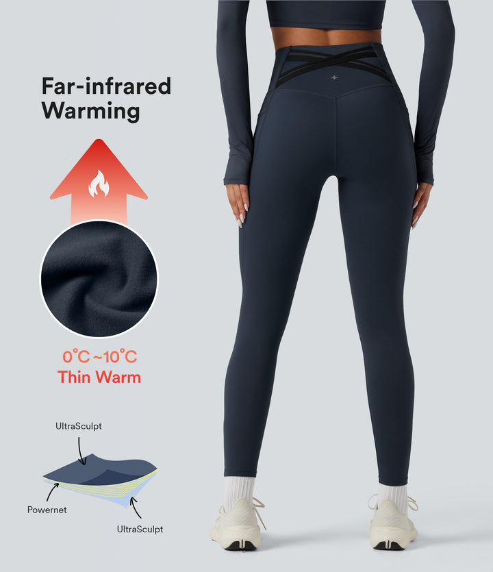 Heat High Waisted Tummy Control Crossover Back Fleece Running Leggings with Pockets — Blueberry — view 1