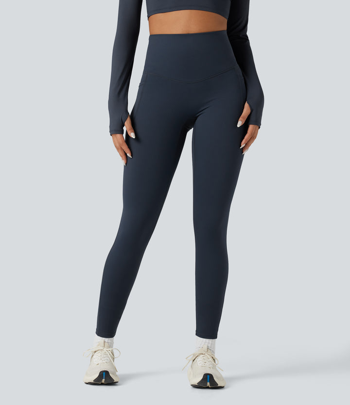 Heat High Waisted Tummy Control Crossover Back Fleece Running Leggings with Pockets — Blueberry — view 2