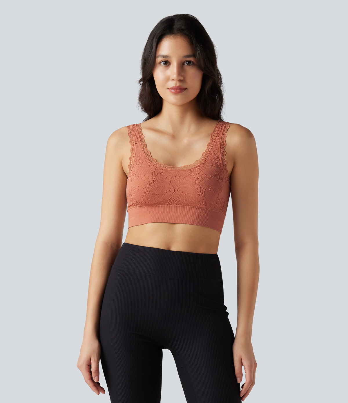 OneForm Seamless Flow Low Support U Neck Lace Yoga Sports Bra — Dusted Clay — view 1