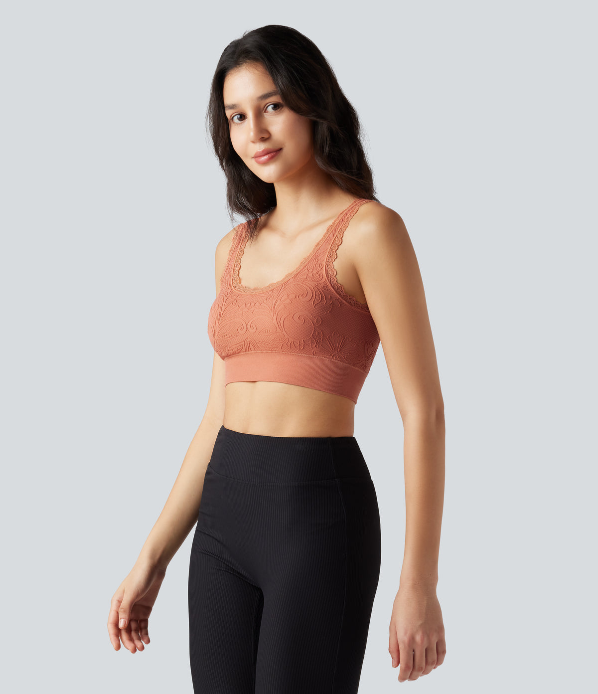 OneForm Seamless Flow Low Support U Neck Lace Yoga Sports Bra — Dusted Clay — view 3