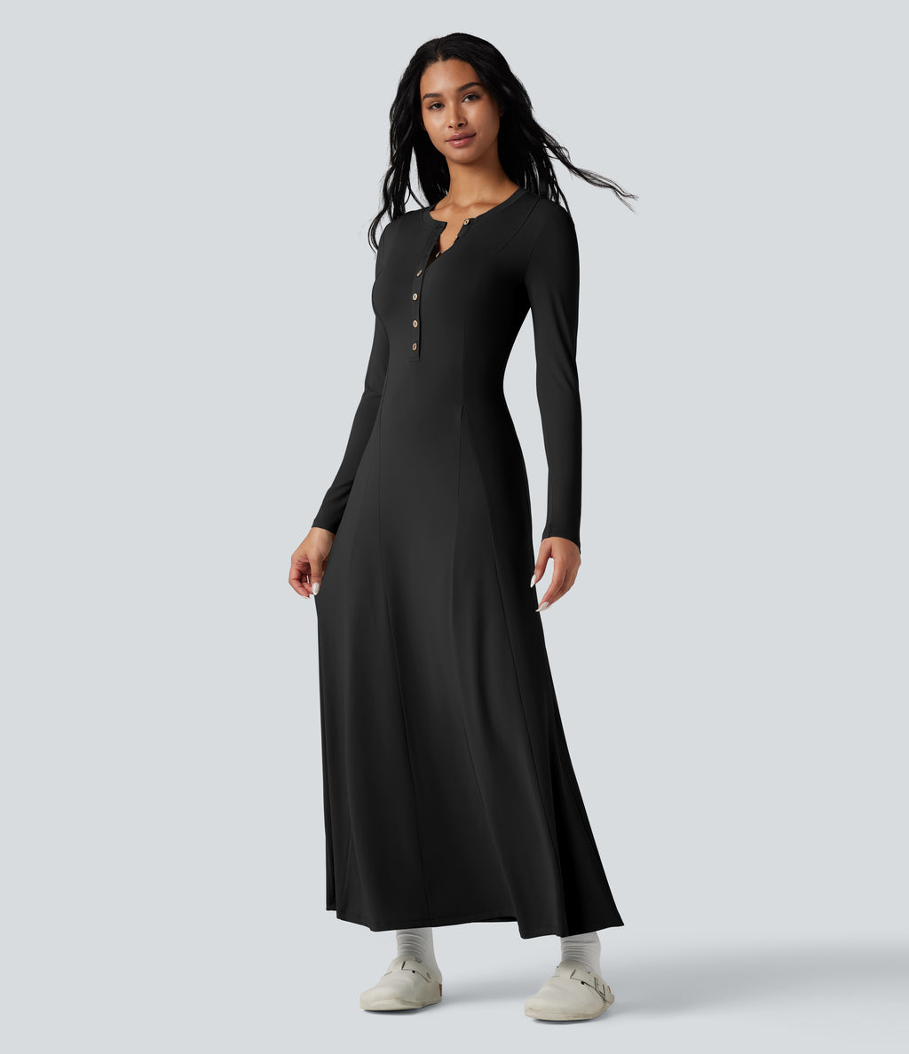 Henley Long Sleeve Flare Maxi Casual Dress — Black — view 1