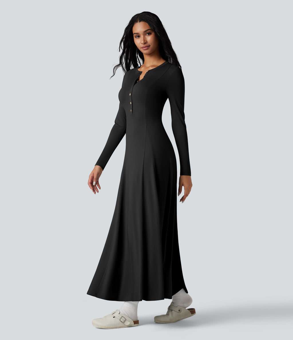 Henley Long Sleeve Flare Maxi Casual Dress — Black — view 3
