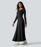Henley Long Sleeve Flare Maxi Casual Dress — Black — view 3