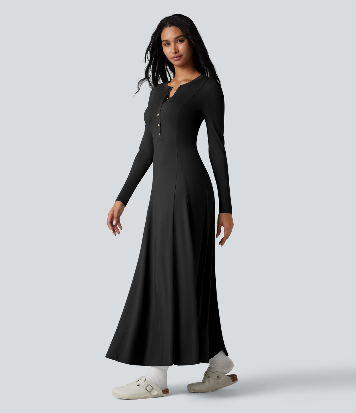Henley Long Sleeve Flare Maxi Casual Dress — Black — view 3