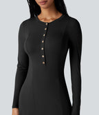 Henley Long Sleeve Flare Maxi Casual Dress — Black — view 4