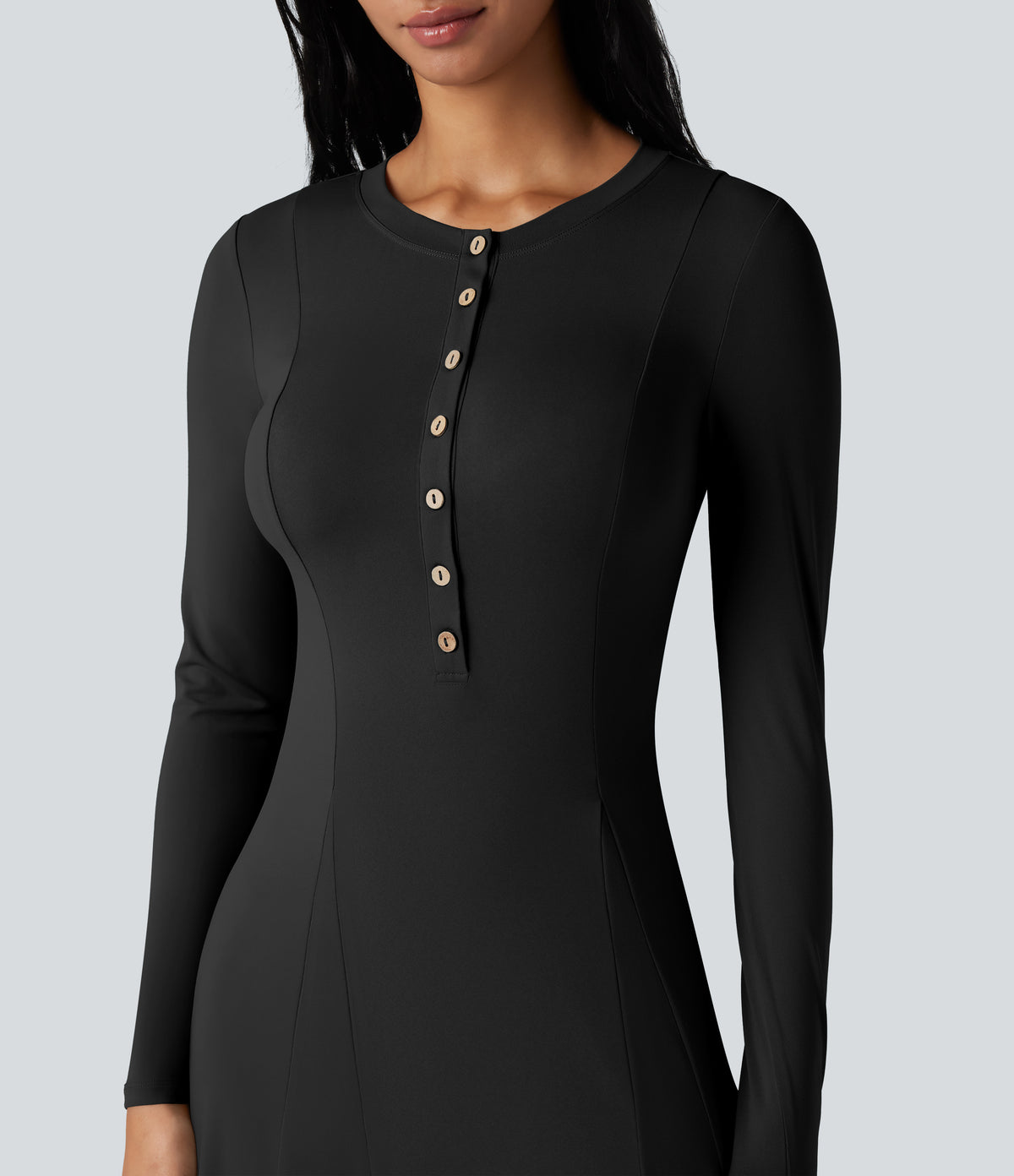 Henley Long Sleeve Flare Maxi Casual Dress — Black — view 4