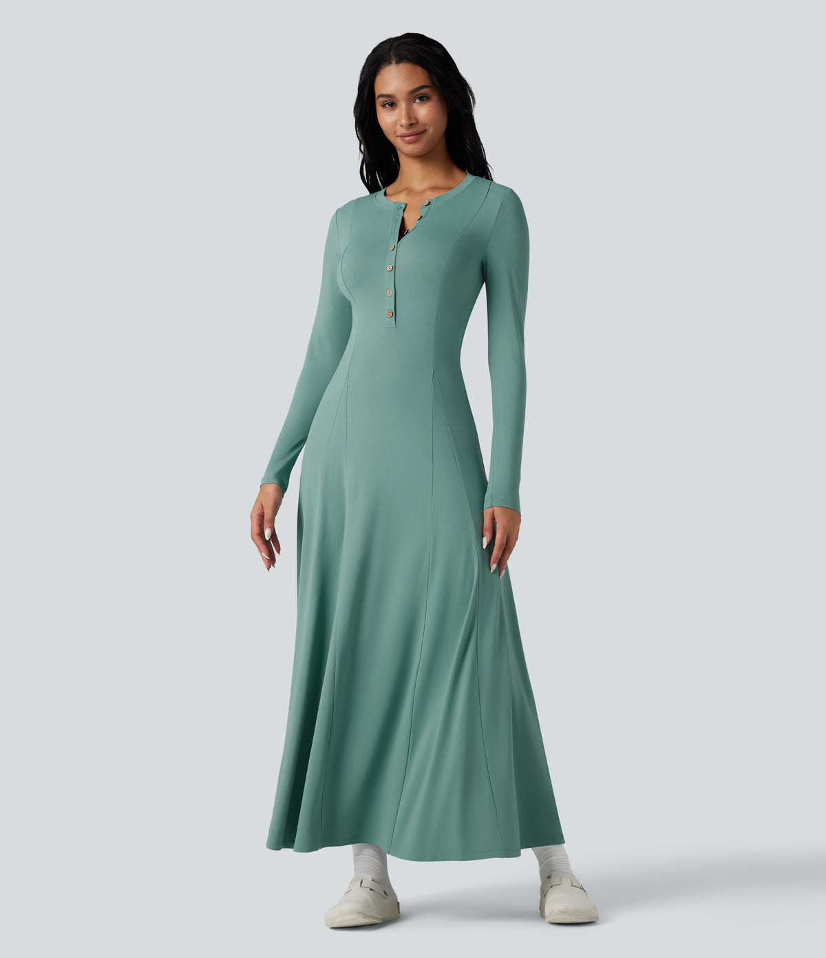 Henley Long Sleeve Flare Maxi Casual Dress — Granite Green — view 6