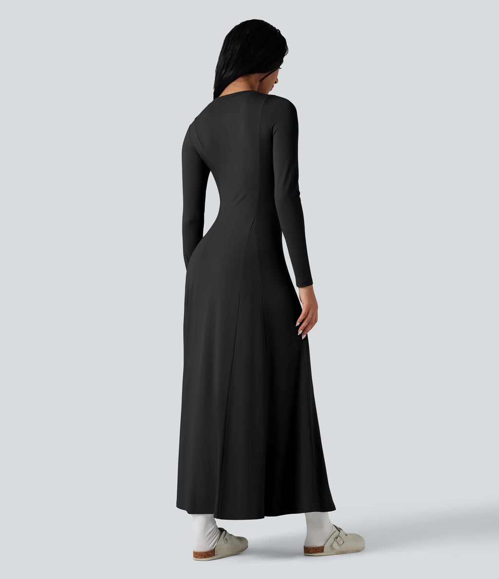 Henley Long Sleeve Flare Maxi Casual Dress — Black — view 2