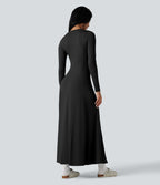 Henley Long Sleeve Flare Maxi Casual Dress — Black — view 2