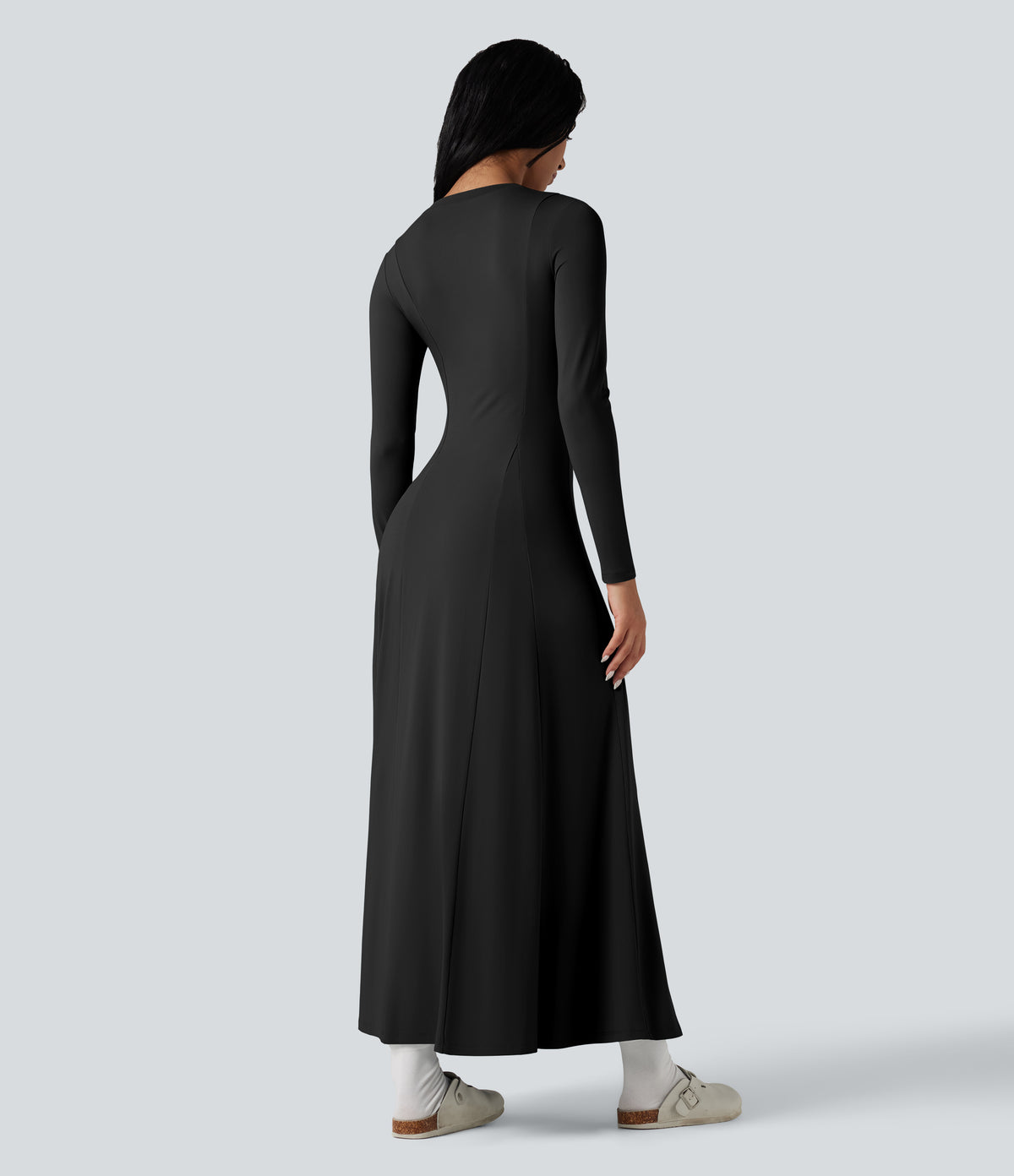 Henley Long Sleeve Flare Maxi Casual Dress — Black — view 2