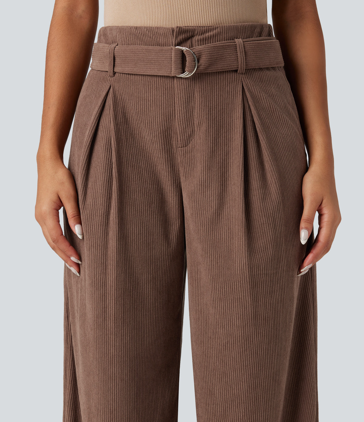 High Waisted Belted Wide Leg Corduroy Casual Trousers with Pockets — Acorn — view 5