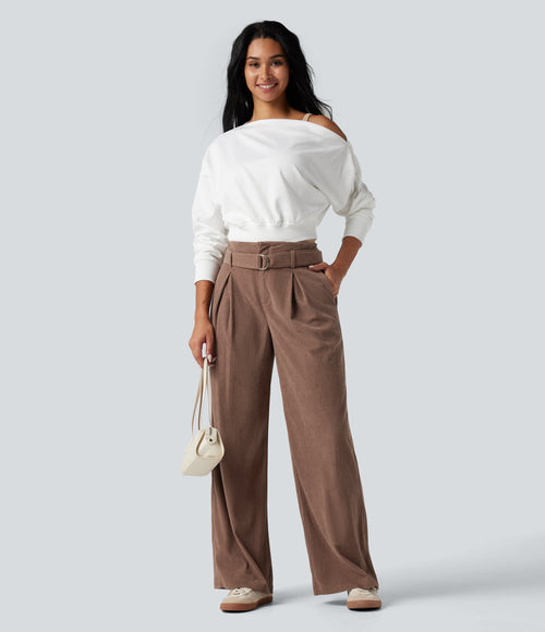 High Waisted Belted Wide Leg Corduroy Casual Trousers with Pockets — Acorn — view 1