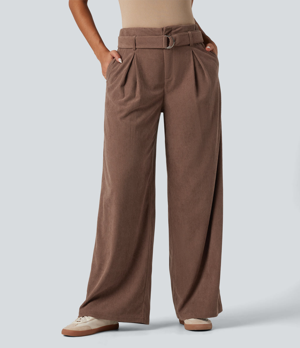 High Waisted Belted Wide Leg Corduroy Casual Trousers with Pockets — Acorn — view 4